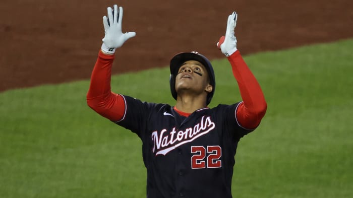 Nationals outfielder Juan Soto celebrates after homering against the Phillies on Sept. 22, 2020.